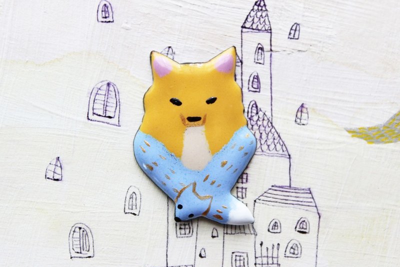 きつねのえりまきのエナメルブローチ - 胸針 - 其他材質 橘色