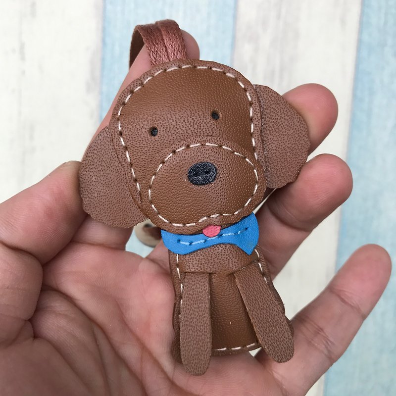 Healing Little Things Brown Cute Poodle Hand-sewn Leather Charm Small Size - พวงกุญแจ - หนังแท้ สีนำ้ตาล