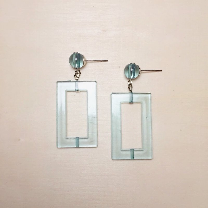 Waterproof Acrylic transparent Teal hollow square earrings - ต่างหู - อะคริลิค สีเขียว