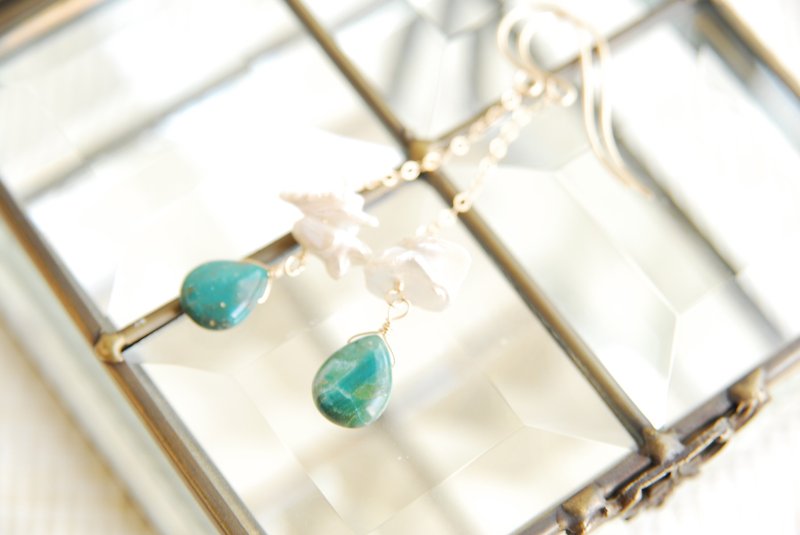 Blue Opal and Keshi Pearl Earrings (14 kgf) - Earrings & Clip-ons - Gemstone Blue