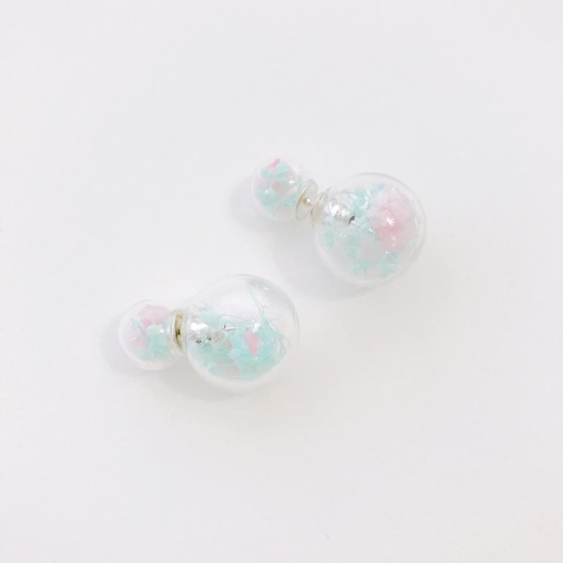 Bubble Glass Beads Do not Firming Green Pink Preserved Flowers Front and Rear Earrings Wedding Wedding Sisters Gifts Ball Shapes Originals Wedding bridesmaid purple preserved flower earrings - ต่างหู - พืช/ดอกไม้ สีเขียว