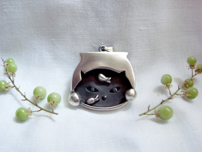 Cat and Fish---Sterling Silver--Pendant Necklace with Wax Rope - Necklaces - Silver Gray