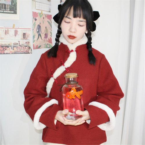 伊甸原創改良旗袍 紅色 2色 秋冬保暖兔毛含羊毛衛衣外套 新中式中秋春節改良上衣