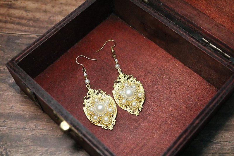 復古金色珍珠輕奢中國風耳環耳飾時尚耳墜 - 耳環/耳夾 - 珍珠 