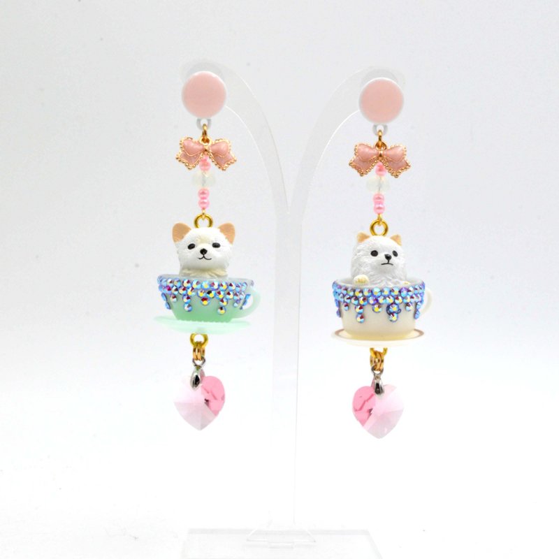 白色銀狐松鼠小狗茶杯耳環 綴施華洛水晶石心型Swarovski crystal - 耳環/耳夾/耳骨夾 - 水晶 多色