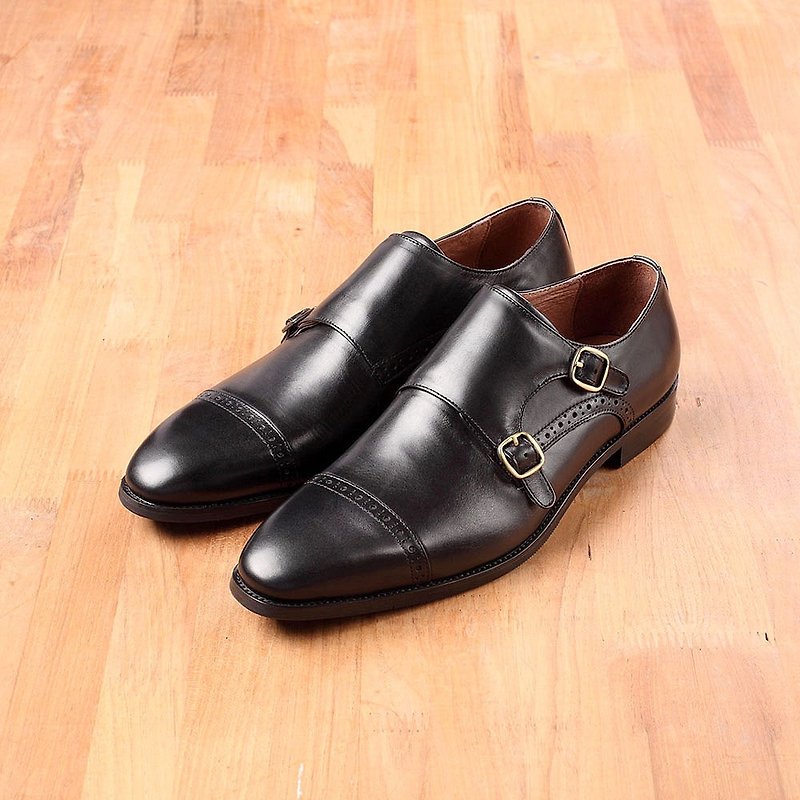 Vanger Classic Horizontal Embossed Double Buckle Monk Shoes Va228 Black - Men's Casual Shoes - Genuine Leather Black