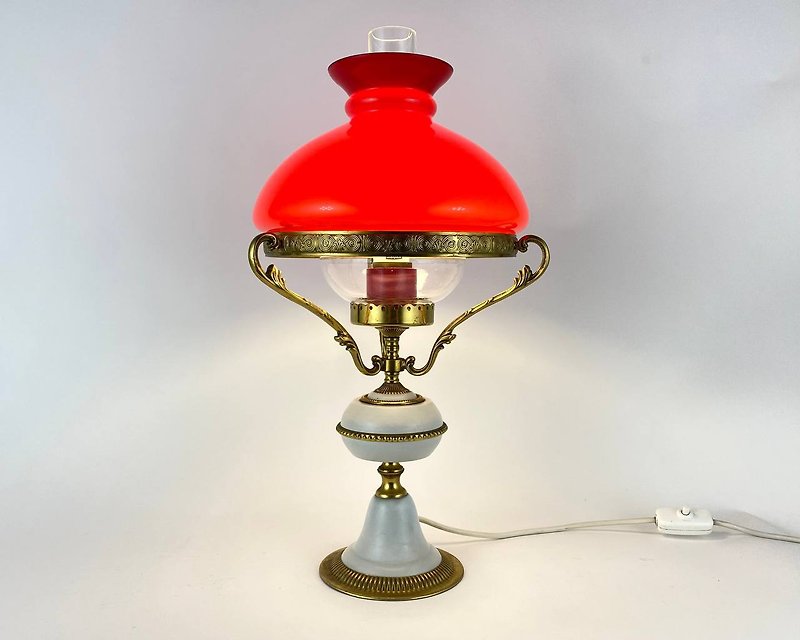 โคมไฟตั้งโต๊ะสีขาวและสีแดงวินเทจ | ทองบรอนซ์และโคมไฟแก้วสีแดง - โคมไฟ - โลหะ สีแดง