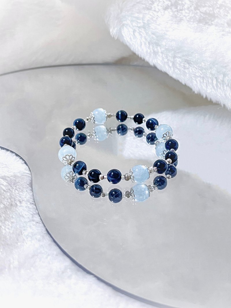 South African Blue Tiger Eye • Aquamarine | 925 Silver Crystal Bracelet - สร้อยข้อมือ - คริสตัล สีน้ำเงิน