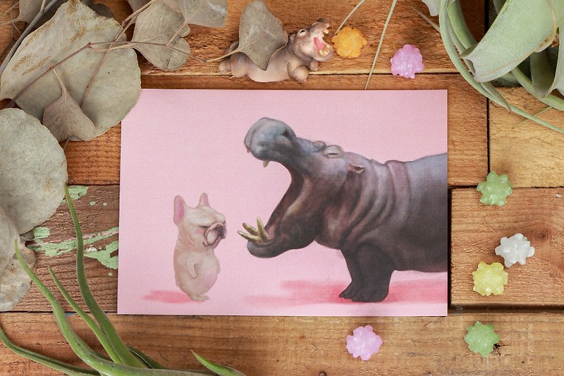 Frenchbulldog postcard / Magger meets hippo - Cards & Postcards - Paper Pink