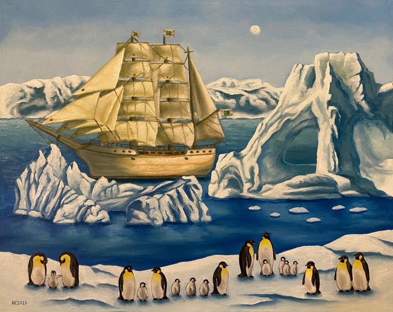 Penguin's World, original oil painting, oil on canvas, Antarctica travel, nature - ตกแต่งผนัง - วัสดุอื่นๆ หลากหลายสี