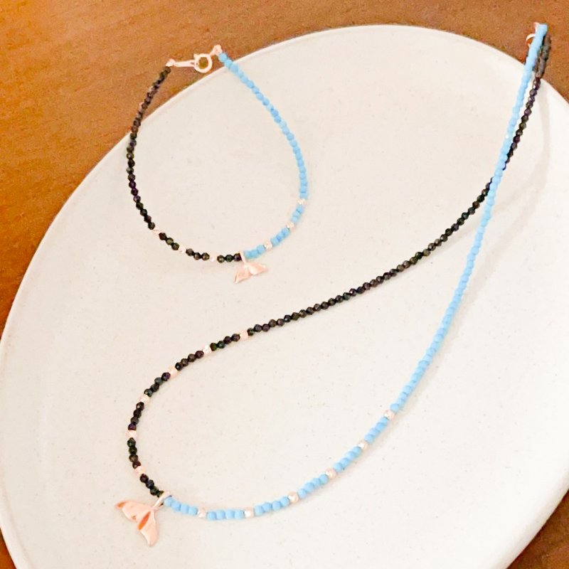 Half turkey stone half spinel gemstone with whale tail necklace and bracelet - สร้อยคอ - โรสโกลด์ สีทอง