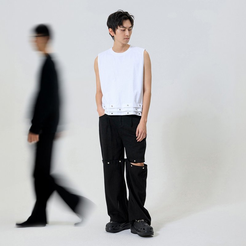 金屬多孔褶邊無袖上衣 - 男背心 - 棉．麻 白色