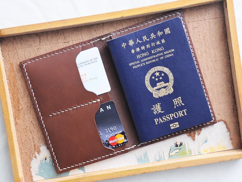 Double card holder passport holder to sew leather DIY material bag PASSPORT document set travel - Leather Goods - Genuine Leather Brown