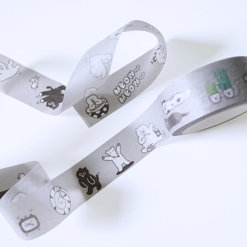 A piece of cat illustration and wind paper tape 1.5x1000 cm - Washi Tape - Paper Gray