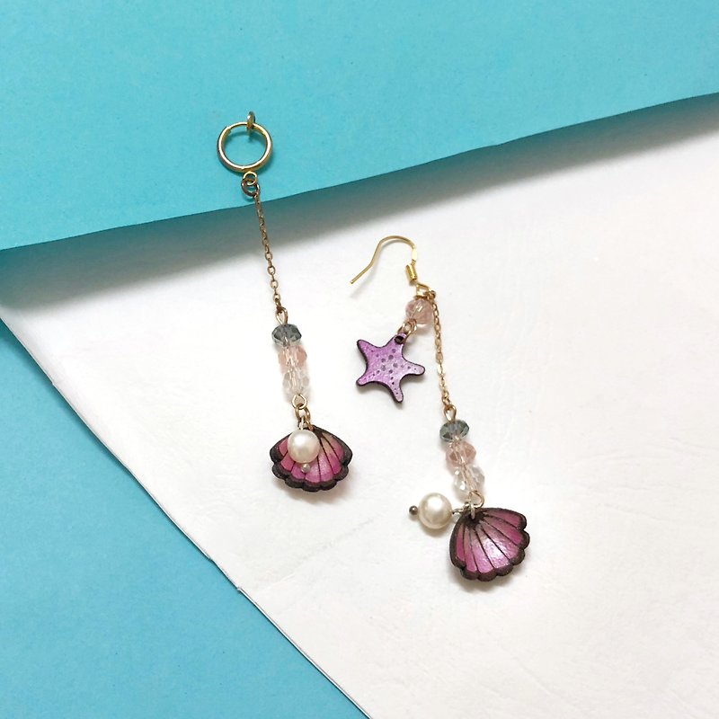 | Leather gadgets | Dream Ocean Series | Pink Shell Pearl Long Earrings Clip-On | - ต่างหู - หนังแท้ สึชมพู