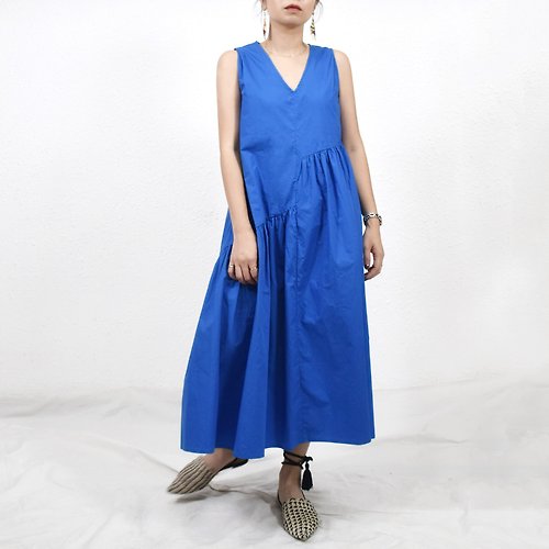 HER'S Charlotte Dress- Cobalt Blue 鈷藍色V領無袖寬鬆A形連衣裙