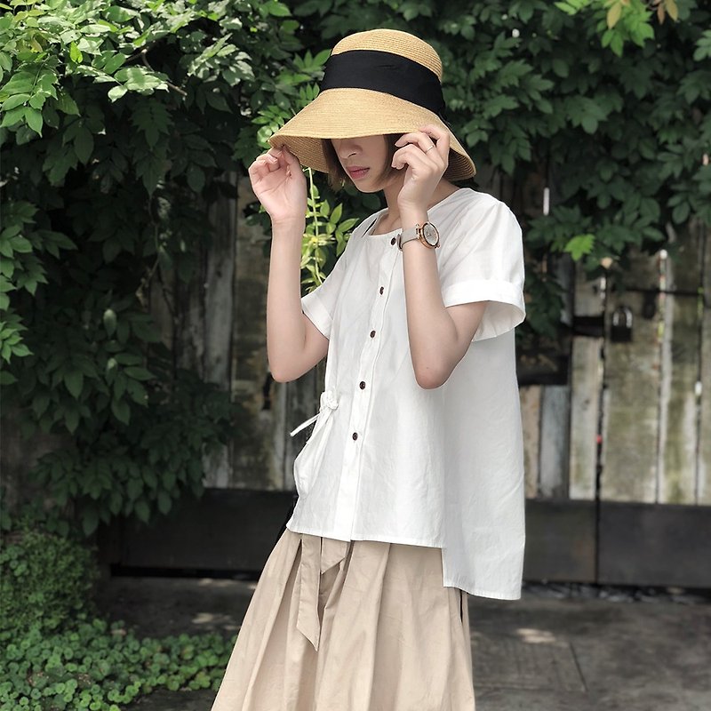 Japanese round neck short-sleeved shirt | shirt | cotton | independent brand |Sora-155 - เสื้อเชิ้ตผู้หญิง - ผ้าฝ้าย/ผ้าลินิน ขาว