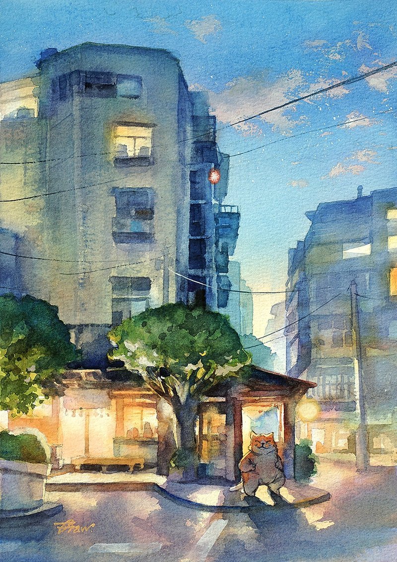 Original watercolor painting [The Travels of the New Kitten - Xiang Wan in the Apartment Cafe] - Posters - Paper Multicolor