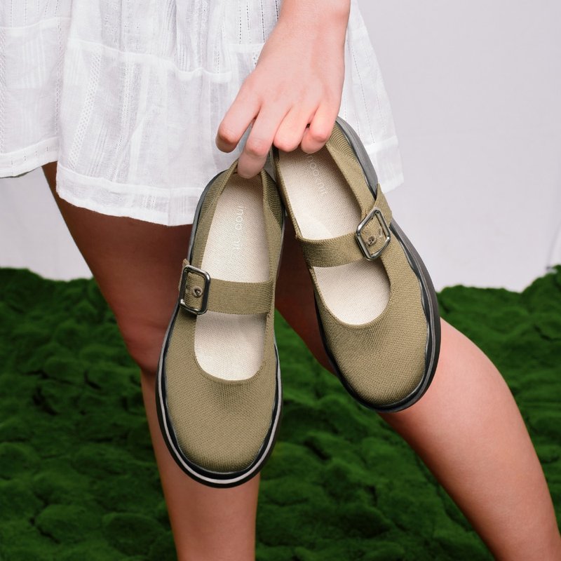 Classic Petal Platform Shoes Moss Green - รองเท้าบัลเลต์ - วัสดุอีโค สีเขียว