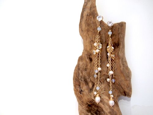 Fabula Design 手工皮革 及 珍珠飾品設計 流蘇月亮石珍珠長耳環
