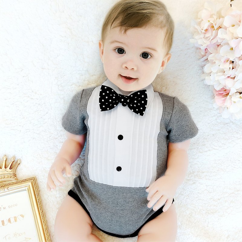 British royal bow tie little gentleman gray short-sleeved shirt-style fake two-piece baby baby bag fart clothes - Onesies - Cotton & Hemp 