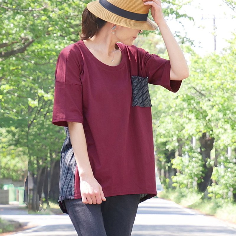 Striped switching, loose drop shoulder design, cut and sew, top, T-shirt, wine red, d-tp514 - เสื้อยืดผู้หญิง - ผ้าฝ้าย/ผ้าลินิน สีแดง