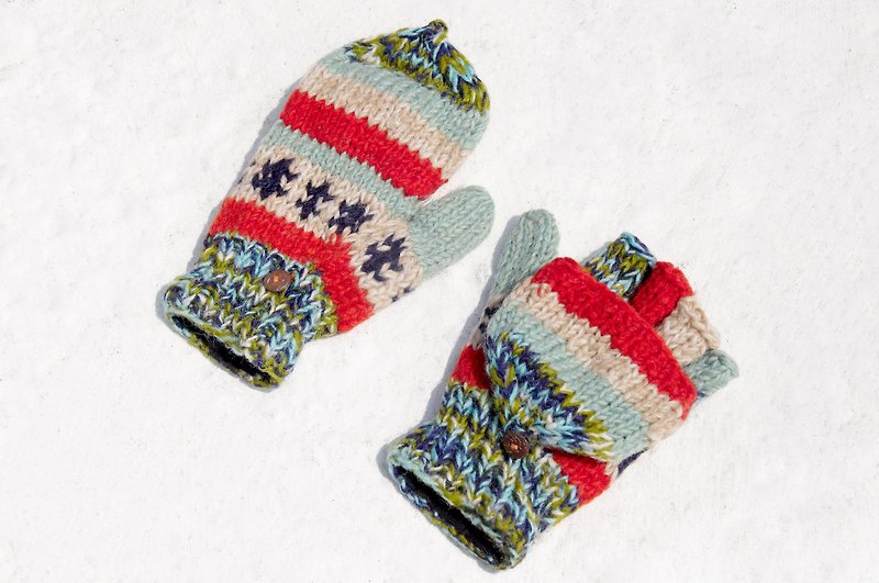 聖誕禮物 創意禮物 手工限量手織純羊毛針織手套 / 可拆卸手套 / 保暖手套(made in nepal) - 藍天與綠地 段染漸層 - 手套/手襪 - 羊毛 多色