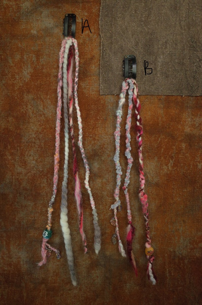 Gypsy hair Clip 穿戴式髒辮 髮夾髮片 (pink/grey) - 髮夾/鯊魚夾 - 羊毛 粉紅色