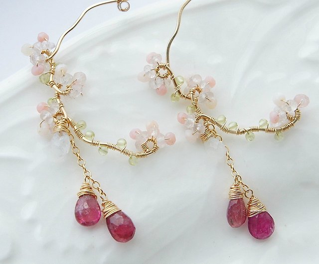 Cherry Blossoms Pink Tourmaline, Pink And Gold Crystal Chandelier Earrings