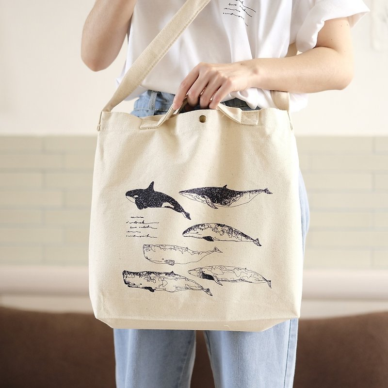 6 whales reusable shopping bag - กระเป๋าแมสเซนเจอร์ - ผ้าฝ้าย/ผ้าลินิน สีกากี