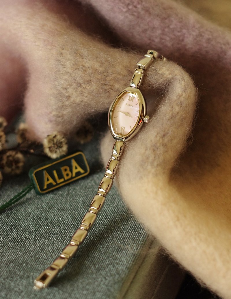 -古董經典ALBA淡粉紅珍珠貝面橢圓手錶 手鍊 庫存老品 W682 - 對錶/情侶錶 - 其他金屬 金色