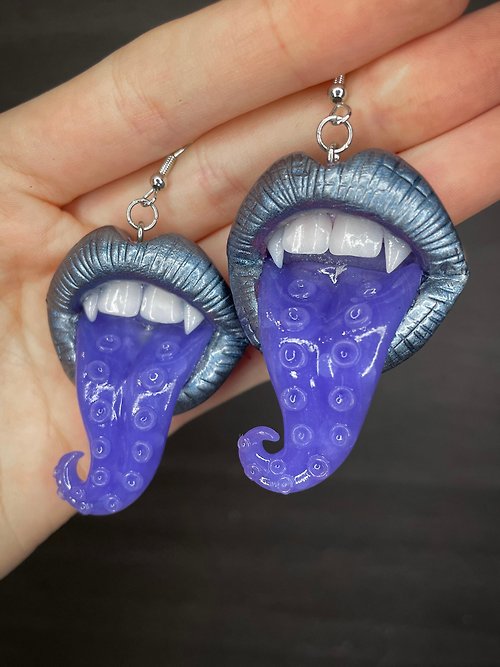 Polymer Diary Earrings. Metallic lips with tentacles.