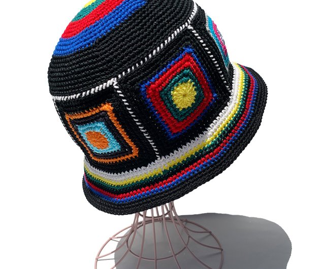 Crochet Hat] Crochet Bucket Hat Colorful Black - Shop