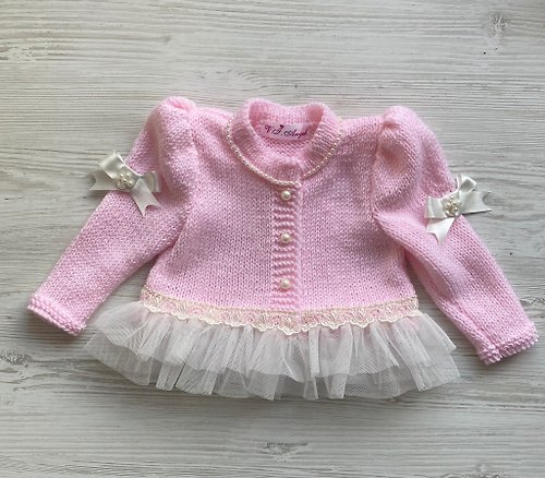 V.I.Angel Hand knit pink and ivory jacket with tulle, lace, ribbon and pearls for baby.