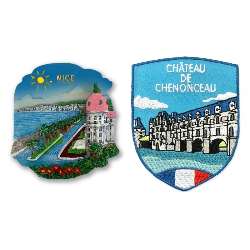 法國尼斯海岸磁鐵冰箱貼+法國 舍農索城堡背膠補丁【2件組】大門 - 磁鐵 - 橡膠 多色