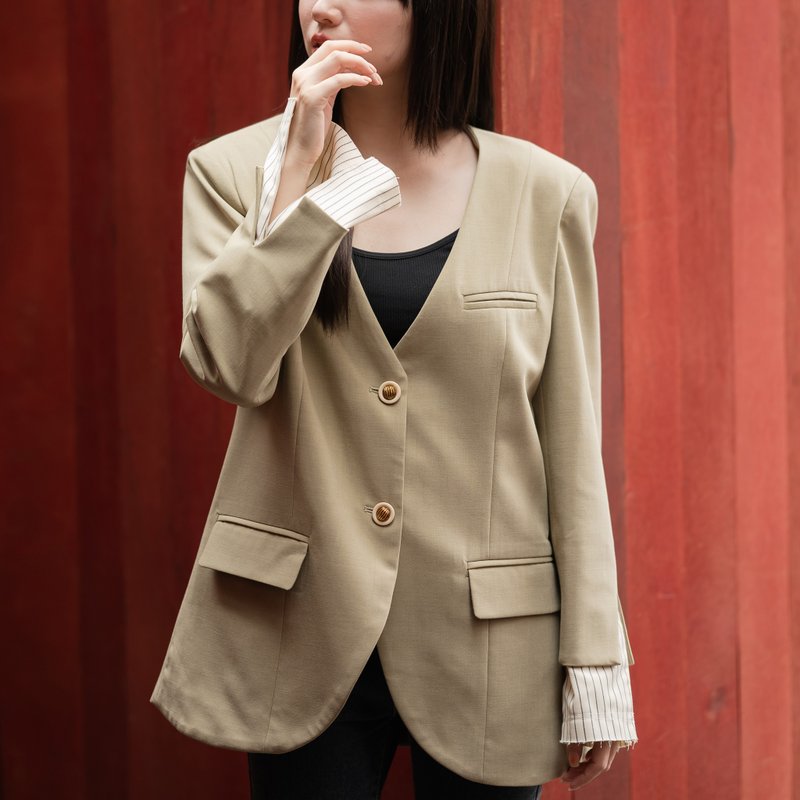 Collarless Vintage Button-Striped Sleeve Blazer- Khaki - Women's Blazers & Trench Coats - Polyester Khaki