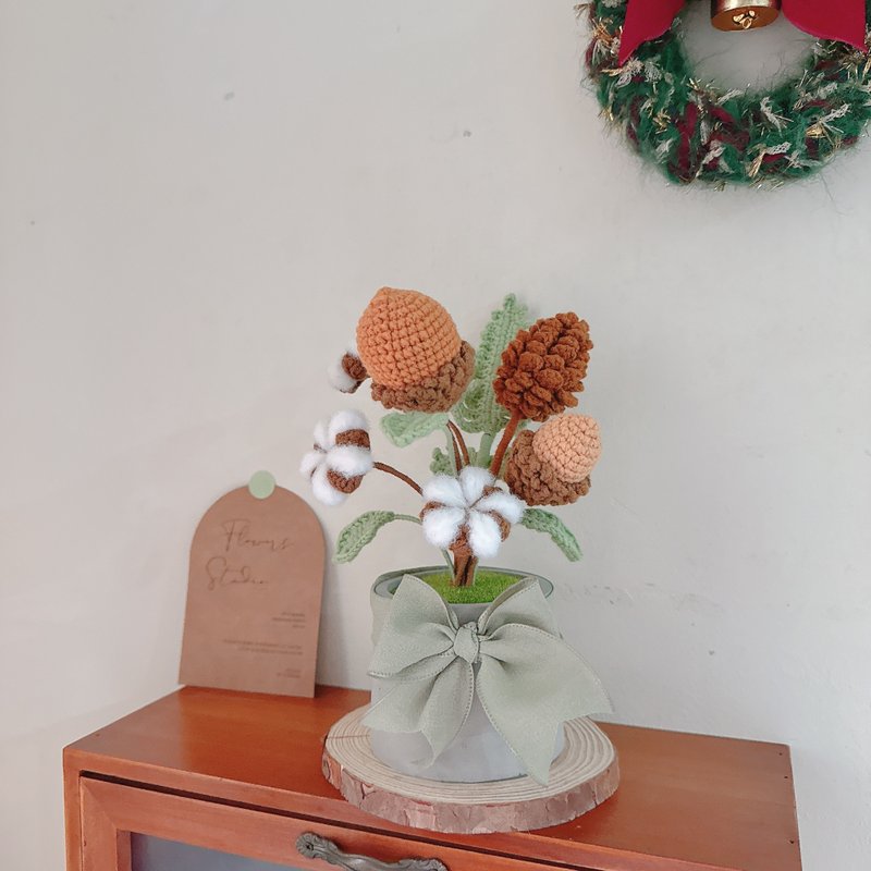 聖誕果實盆栽 松果 橡果 棉花 擴香石盆栽 聖誕禮物 交換禮物 - 擺飾/家飾品 - 棉．麻 卡其色