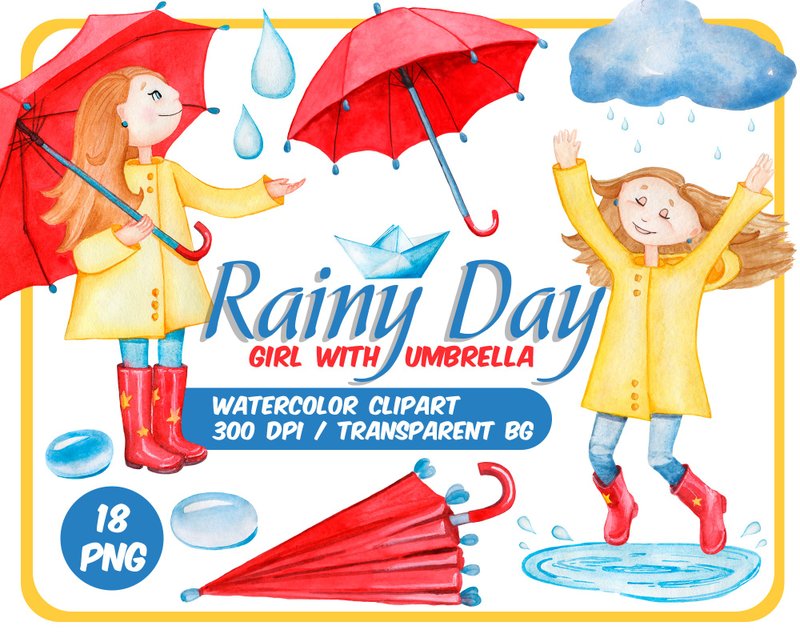 Watercolor rainy day clipart set - Girl with umbrella PNG - วาดภาพ/ศิลปะการเขียน - วัสดุอื่นๆ สีแดง