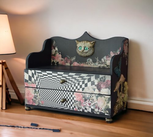 HelenRomanenko Alice in Wonderland jewelry box. Cheshire cat whimsical furniture