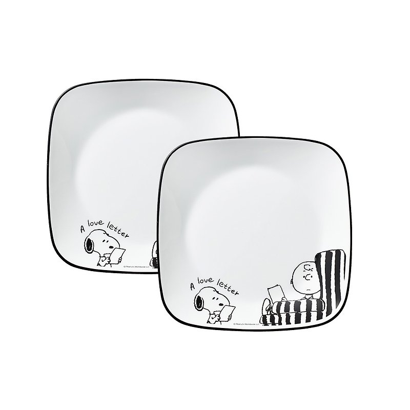 [Corning Tableware] SNOOPY replica black and white square 8-inch dinner plate 2 set - จานและถาด - แก้ว หลากหลายสี