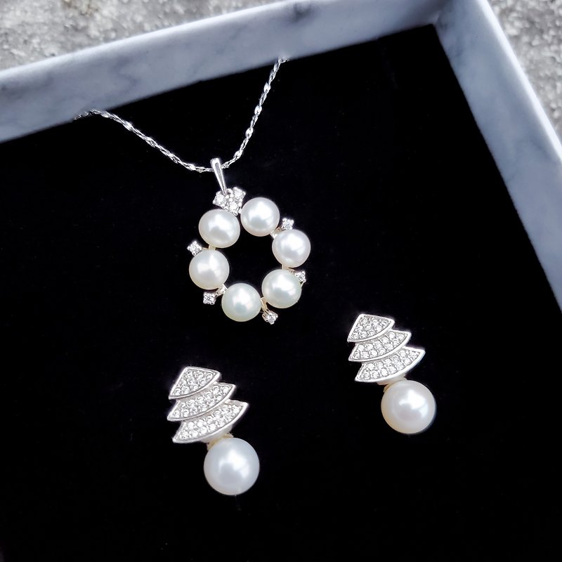 Premier Natural White Pearls 925 Silver Pendant Necklace Xmas Tree Earrings Set - ต่างหู - ไข่มุก ขาว