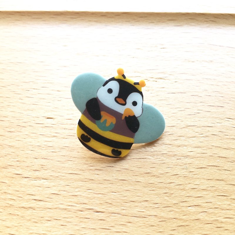 Oops bear - 貪吃的小蜜蜂企鵝胸針 - 胸針 - 塑膠 黃色