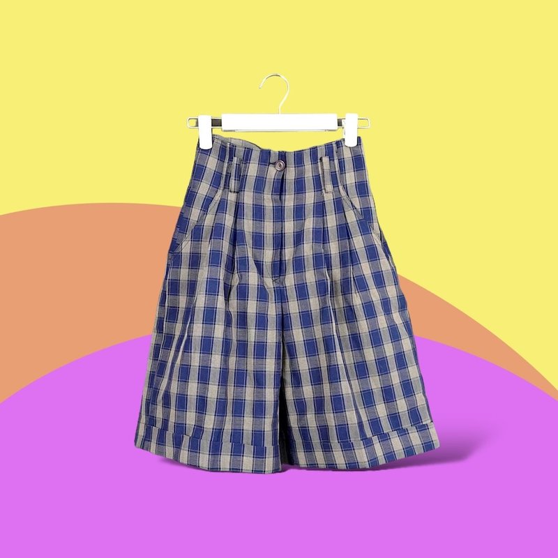 Second-hand gray and blue plaid small waist high waist shorts CA912 - Women's Shorts - Polyester Blue