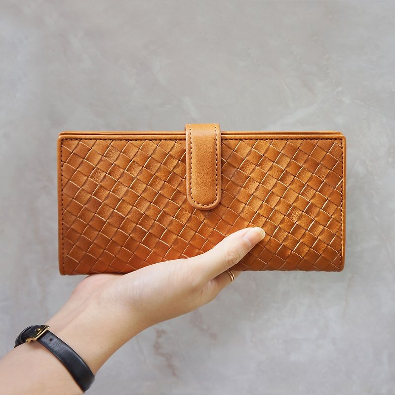 Double buckle woven long clip - caramel - Wallets - Genuine Leather Brown