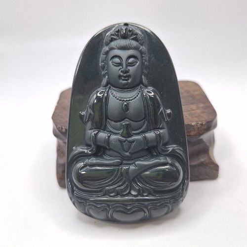 緣圓翡翠 墨翠 雙拋光 坐姿觀音吊墜 牌件 | 天然緬甸玉A貨翡翠