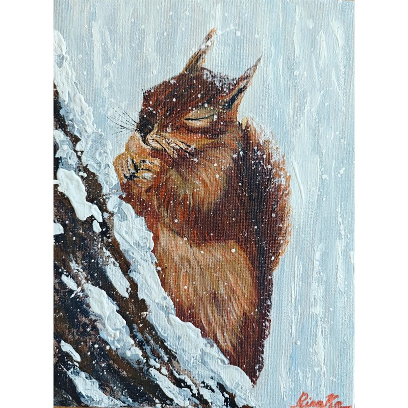 Squirrel In The Tree Winter Painting Original Art Snowy Landscape By RinaArtSK - Wall Décor - Other Materials Multicolor