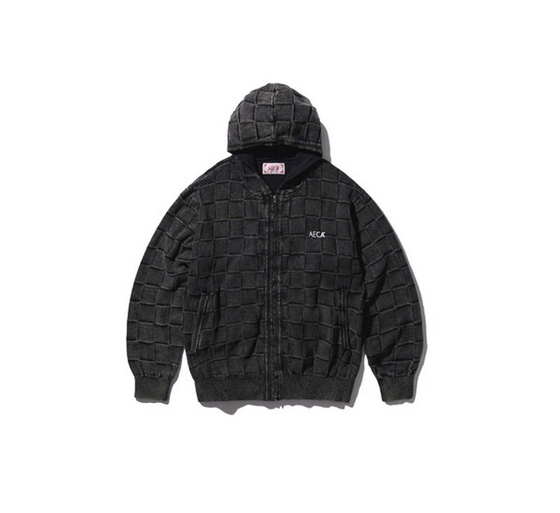 AECA Checkerboard VTG Zip Up Hood連帽洗舊棋盤格拉鍊針織衫 - 男夾克/外套 - 其他材質 黑色