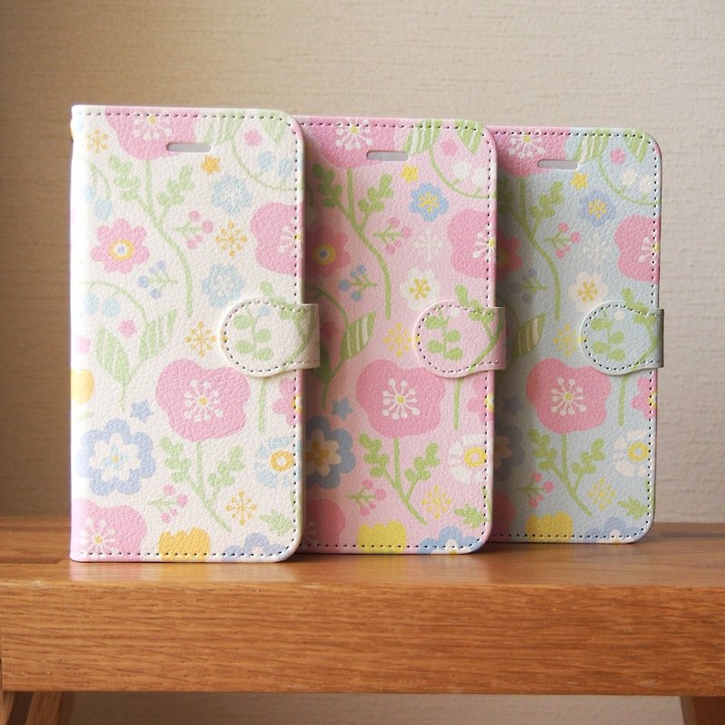 Notebook type phone case - Spring Pastel Flowers - - เคส/ซองมือถือ - วัสดุอื่นๆ ขาว
