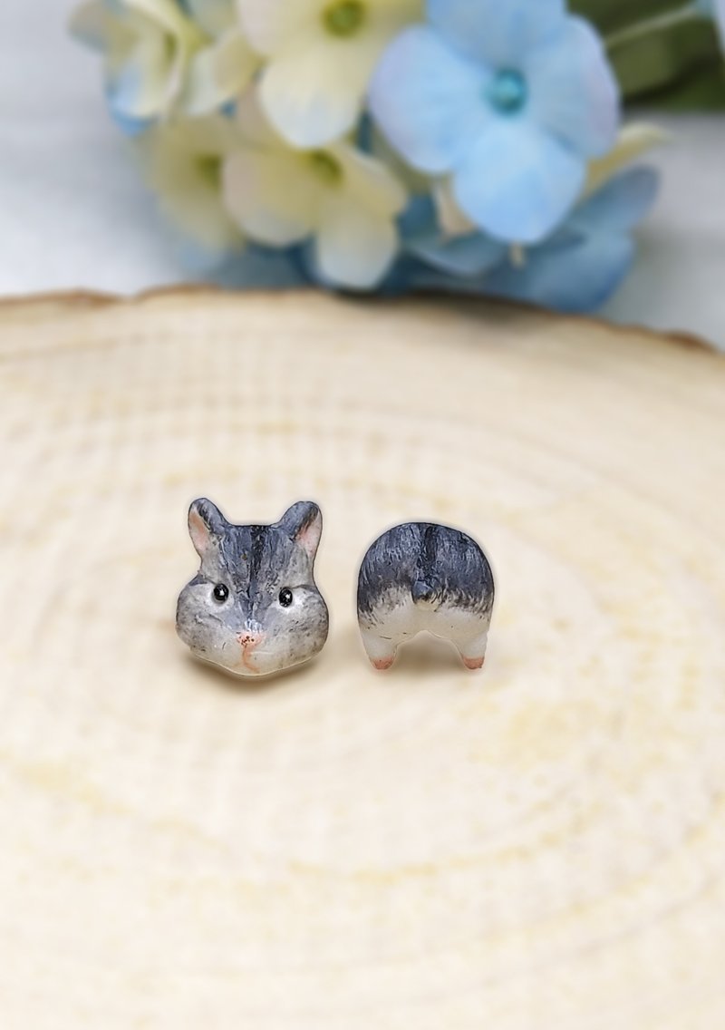 Gray Hamster Earrings - Bunny Earrings - ต่างหู - ดินเหนียว สีนำ้ตาล