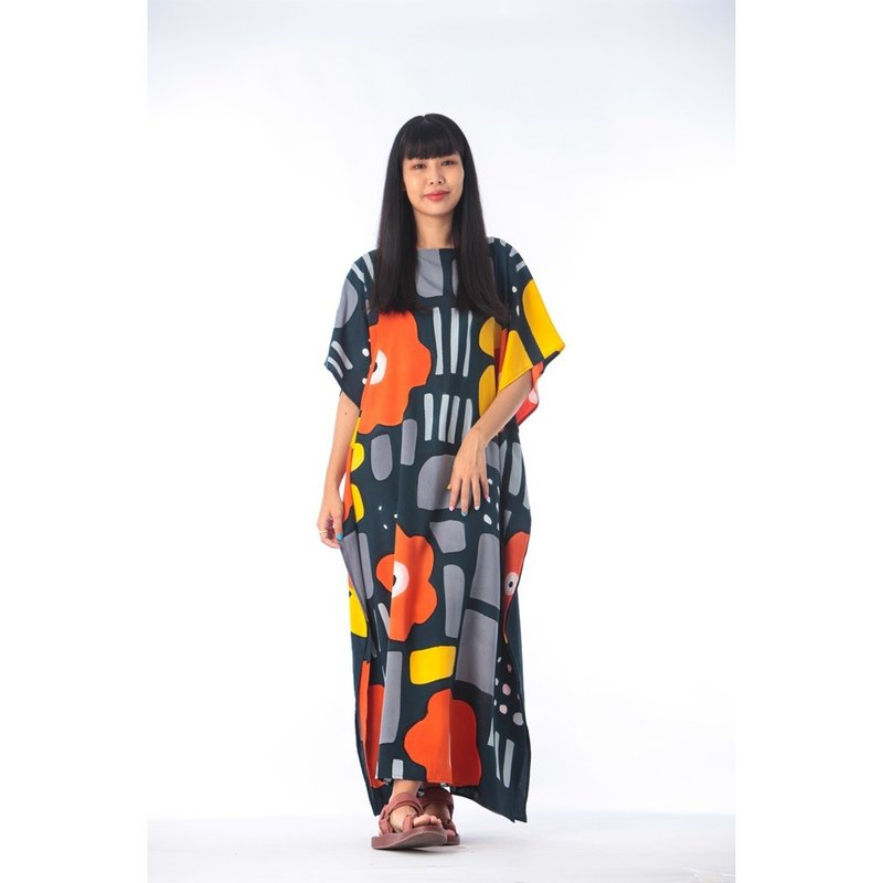 Hand Painted Cotton Silk Kaftan for Summer Resort Vacation F - 洋裝/連身裙 - 棉．麻 橘色